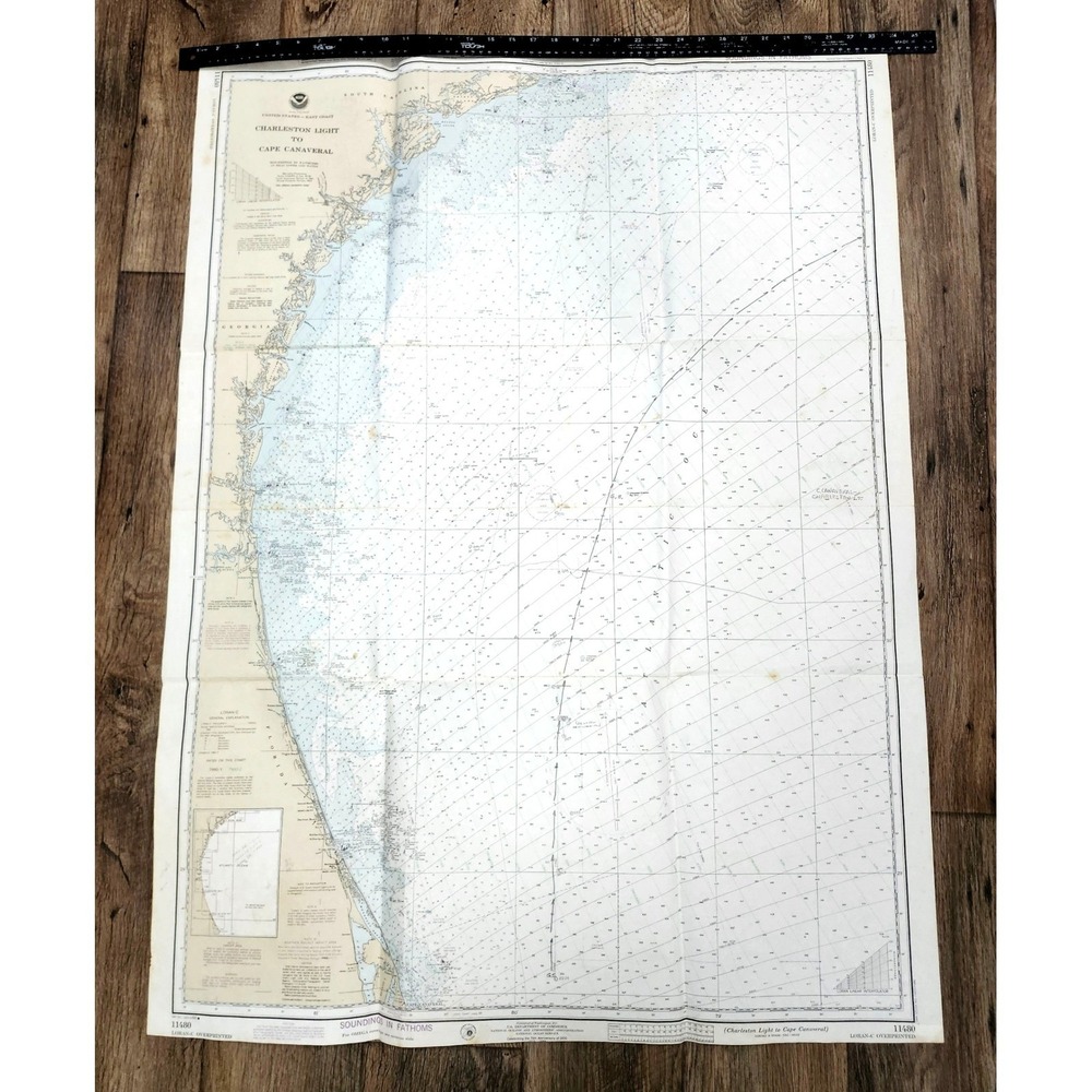 Vtg NOAA Nautical Chart 11480 Charleston Light Cape Canaveral 1988 Map decor